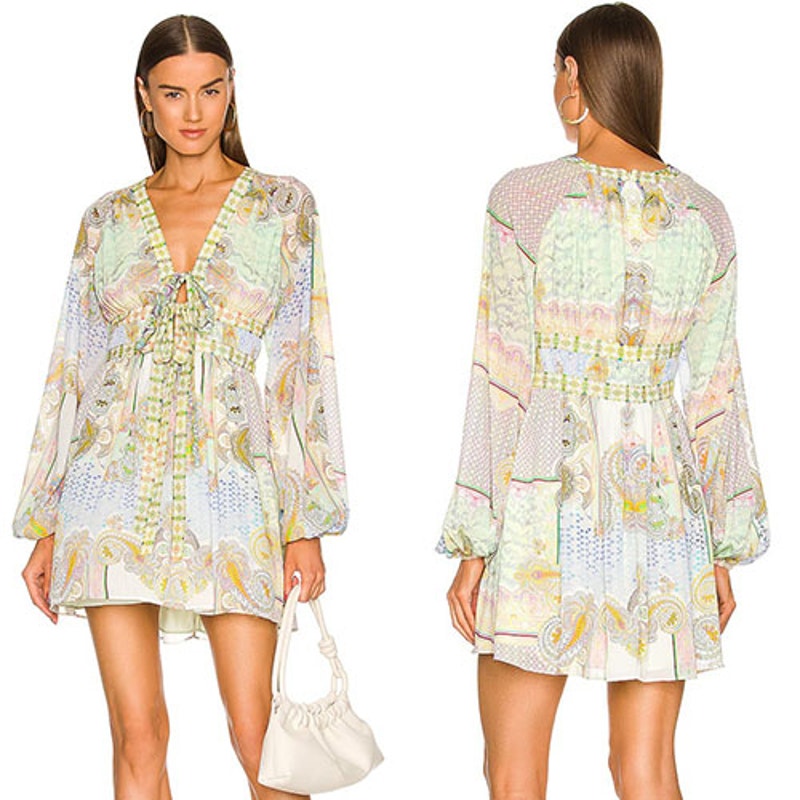 New Alexis Tessie Fully Lined Front Tie Blouson Sleeves Mini Dress Rococco Sz Xs